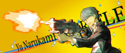 Rule 34 | 1boy, artist name, assault rifle, character name, collared shirt, firing, grey eyes, grey hair, gun, high collar, highres, holding, holding gun, holding weapon, jacket, long sleeves, looking afar, male focus, motion blur, moxhum, muzzle flash, narukami yuu, open clothes, open jacket, parted lips, persona, persona 4, rifle, shirt, short hair, solo, upper body, weapon, wing collar