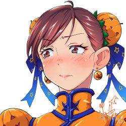 Rule 34 | 1girl, adapted costume, blush, brown eyes, brown hair, bun cover, capcom, chun-li, commentary request, dated, double bun, dress, earrings, embarrassed, food-themed hair ornament, hair bun, hair ornament, hair ribbon, halloween, highres, hori shin, jack-o&#039;-lantern, jack-o&#039;-lantern earrings, jewelry, lips, looking to the side, orange dress, portrait, pumpkin, pumpkin hair ornament, ribbon, signature, solo, street fighter