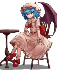 Rule 34 | 1girl, absurdres, ascot, bad id, bad pixiv id, blue hair, bow, brooch, chair, closed mouth, demon wings, dress, hair between eyes, hat, highres, jewelry, looking at viewer, mary janes, mob cap, nob1109, orange eyes, puffy short sleeves, puffy sleeves, purple wings, red ascot, red bow, red footwear, remilia scarlet, shadow, shoes, short hair, short sleeves, simple background, sitting, slit pupils, smile, socks, solo, touhou, white background, white dress, white hat, white socks, wings, wrist cuffs