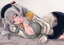 Rule 34 | 1girl, beret, black hat, blue eyes, blue skirt, blush, breasts, cleavage, collarbone, collared shirt, epaulettes, frilled sleeves, frills, gin&#039;ichi (akacia), gloves, grey shirt, hat, jacket, kantai collection, kashima (kancolle), large breasts, long hair, long sleeves, looking at viewer, lying, miniskirt, on bed, on side, open clothes, open jacket, open mouth, open shirt, pleated skirt, shirt, silver hair, skirt, solo, twintails, uniform, white gloves, white jacket
