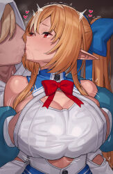 Rule 34 | 1boy, 1girl, blonde hair, blush, bow, bow skirt, breasts, commission, couple, cutout above navel, dark-skinned female, dark elf, dark skin, detached sleeves, elf, faceless, faceless male, french kiss, gloves, grabbing, grabbing another&#039;s breast, grabbing from behind, groping, hair bow, half gloves, halter shirt, halterneck, hand under clothes, hetero, high ponytail, hololive, kiss, large breasts, long hair, molestation, multicolored hair, open mouth, paid reward available, pectoral grab, pointy ears, ponytail, saliva, saliva trail, shiranui flare, shiranui flare (1st costume), short hair, sidelocks, skeb commission, streaked hair, sweat, tenchisouha, virtual youtuber, white hair