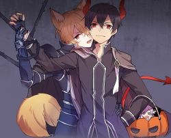 Rule 34 | 1girl, 2boys, animal ears, arm up, armor, black hair, black jacket, blonde hair, commentary request, demon tail, eugeo, fang, fox ears, fox tail, gauntlets, hair between eyes, halloween bucket, hand on another&#039;s hip, hand on own hip, holding another&#039;s wrist, horns, jacket, kirito, lower teeth only, male focus, multiple boys, quinella, red eyes, red horns, short hair, shoulder armor, shoura, skin fang, smile, standing, sword art online, sword art online: alicization, tail, teeth, thorns, upper body, yaoi