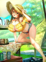 Rule 34 | 1girl, :d, absurdres, beer can, black choker, breasts, brown hair, camping, can, choker, cleavage, coffee pot, collarbone, cup, day, denim, denim shorts, drink can, emoi do, gem, green eyes, hair between eyes, halterneck, hand on headwear, hat, hat ribbon, highres, jewelry, kneeling, lake, large breasts, leaf, legs, long hair, looking at viewer, mug, navel, necklace, non-web source, o-ring, on one knee, on table, open mouth, original, outdoors, panties, red panties, ribbon, shade, shirt, short shorts, shorts, sidelocks, smile, solo, sun hat, table, tent, thighs, tree, unbuttoned, underwear, yellow shirt, yuzuki chisato