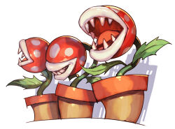 Rule 34 | curved floor, hungry clicker, leaf, lineup, mario (series), nintendo, no humans, open mouth, piranha plant, plant, polka dot, potted plant, shadow, sharp teeth, smile, sunlight, super mario rpg, swaying, teeth, tongue, venus flytrap, white background, white lips