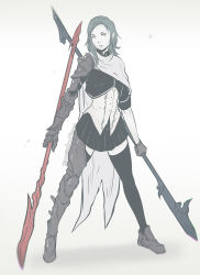 Rule 34 | 1girl, armor, asymmetrical clothes, dual wielding, female focus, full body, gradient background, grey hair, highres, holding, holding lance, holding polearm, holding weapon, koyorin, lance, mole, mole under eye, momodora: reverie under the moonlight, original, polearm, skirt, solo, thighhighs, weapon, white background, yellow eyes