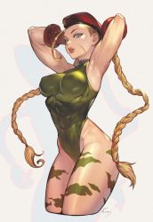 Rule 34 | 1girl, ahoge, antenna hair, armpits, arms behind head, arms up, beret, blonde hair, blue eyes, bodypaint, braid, breasts, cammy white, camouflage, covered erect nipples, covered navel, cowboy shot, curvy, dated, garrison cap, gloves, green leotard, hat, highleg, highleg leotard, highres, huge ahoge, leotard, lips, lipstick, long hair, looking at viewer, makeup, medium breasts, morry, parted lips, red lips, ribbed leotard, scar, shiny skin, signature, simple background, solo, street fighter, street fighter ii (series), thick thighs, thighs, thong leotard, twin braids, very long hair, wide hips