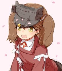 Rule 34 | 1girl, alchera, all fours, brown eyes, brown hair, cherry blossoms, commentary request, japanese clothes, kantai collection, kariginu, long hair, magatama, one-hour drawing challenge, open mouth, petals, ryuujou (kancolle), smile, solo, twintails, twitter username, upper body, visor cap, white background
