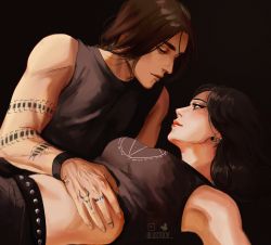 Rule 34 | 1boy, 1girl, absurdres, arm tattoo, armpits, black hair, blustock, breasts, brown hair, commentary, contemporary, earrings, english commentary, eren yeager, half-closed eyes, hand tattoo, hetero, highres, jewelry, lying, medium breasts, medium hair, mikasa ackerman, multiple earrings, on back, red lips, ring, shingeki no kyojin, smile, tattoo