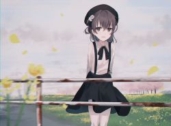 Rule 34 | 1girl, :d, beret, black hat, black ribbon, black skirt, blush, brown eyes, brown hair, chihuri, cloud, cloudy, cloudy sky, collared shirt, commentary, fang, field, flower, flower field, hair between eyes, hair flower, hair ornament, hat, hatoba tsugu, highres, long sleeves, looking at viewer, mole, mole under eye, mole under mouth, open mouth, outdoors, overcast, pantyhose, petals, pink flower, railing, ribbon, rose, rust, shirt, skirt, sky, smile, solo, standing, suspender skirt, suspenders, tree, virtual youtuber, white flower, white pantyhose, white rose, white shirt, yellow flower