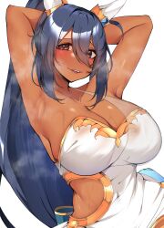 Rule 34 | 1girl, absurdres, animal ears, armpits, arms up, bare shoulders, black hair, blue nails, blush, breasts, cherry blossoms, cleavage, commentary request, dark-skinned female, dark skin, dress, ear covers, fang, gem, gold bracelet, gold necklace, hair between eyes, highres, hishi amazon (hungry veil) (umamusume), hishi amazon (umamusume), horse ears, horse girl, jewelry, kshimu, long hair, medium breasts, necklace, nontraditional wedding dress, official alternate costume, ponytail, red eyes, simple background, smile, solo, umamusume, upper body, very long hair, wedding dress, white background, white dress