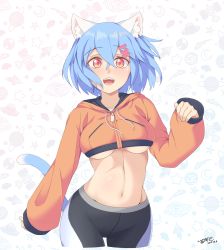 Rule 34 | 1girl, :d, animal ear fluff, animal ears, blue hair, breasts, cat ears, cat tail, commentary, cowboy shot, crop top, cropped hoodie, dated, gradient background, hair ornament, hairclip, highres, hood, hoodie, looking at viewer, medium breasts, navel, nekonyan (nekoworld), open mouth, original, pink eyes, short hair, signature, simple background, sleeves past wrists, smile, solo, tail, underboob, zipper