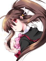 Rule 34 | 1girl, artist name, bell, brown hair, commentary request, cropped torso, dated, hair bell, hair ornament, little busters!, long hair, natsume rin, ponytail, red eyes, school uniform, scp (9scp), simple background, solo, upper body, white background