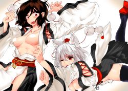 Rule 34 | 2girls, absurdres, accident, accidental exposure, animal ears, bad id, bad pixiv id, black hair, black legwear, blush, breasts, breasts out, censored, censored nipples, cleavage, collarbone, commentary, commentary request, embarrassed, groin, hat, highres, inubashiri momiji, kourindou tengu costume, large breasts, accidental pervert, medium breasts, multiple girls, one eye closed, open clothes, open mouth, pervert, pointy ears, pom pom (clothes), red eyes, red sash, sash, shameimaru aya, shirokaba114, short hair, silver hair, simple background, surprised, tail, tokin hat, touhou, tripping, white background, wolf ears, wolf tail