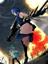 Rule 34 | 1boy, 1girl, absurdres, ahoge, ass, bare shoulders, battle, between fingers, black keys (type-moon), blue dress, blue eyes, blue hair, blue thighhighs, bodysuit, boots, breasts, ciel (tsukihime), clothing cutout, colored skin, dark skin, diamond cutout, dress, emiya shirou, emiya shirou (prisma illya), fate/kaleid liner prisma illya, fate/stay night, fate (series), field of blades, fighting, gloves, habit, highres, holding, holding weapon, huge weapon, magic circuit, medium breasts, melty blood, multicolored hair, multicolored skin, orange hair, pile bunker, planted, planted sword, planted weapon, powered ciel, raglan sleeves, red hair, seventh holy scripture, shoko excalibur, short hair, skirt, sleeveless, sleeveless bodysuit, sleeveless dress, streaked hair, sword, thigh boots, thighhighs, too many weapons, tsukihime, tsukihime (remake), two-tone skin, unlimited blade works (fate), weapon, white hair, yellow eyes