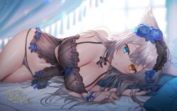 Rule 34 | 1girl, animal ears, babydoll, black hairband, black panties, blue bow, blue eyes, blue flower, blue rose, blush, bow, breasts, cat ears, cleavage, commentary request, commission, copyright request, covered erect nipples, flower, frilled hairband, frills, grey hair, hair bow, hair flower, hair ornament, hairband, head on pillow, heterochromia, highres, indoors, large breasts, looking at viewer, lying, mole, mole under eye, navel, on bed, on side, panties, parted lips, pillow, ribbon trim, rose, skeb commission, solo, syandega, underwear, yellow eyes