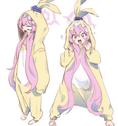 Rule 34 | 1girl, animal costume, blank eyes, blue archive, blush stickers, hair between eyes, halo, hands up, highres, hood, hood up, koyuki (blue archive), long hair, long sleeves, looking at viewer, multiple views, ocha (popopogg), open mouth, pajamas, pink eyes, pink hair, pink halo, rabbit costume, simple background, smile, standing, twintails, very long hair, white background