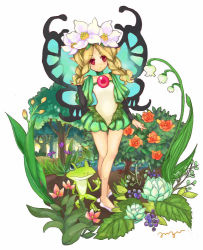 Rule 34 | 1girl, blonde hair, braid, butterfly wings, fairy, flower, food, frog, fruit, grapes, hair flower, hair ornament, insect wings, kiguchi (aprico), lily of the valley, mercedes (odin sphere), odin sphere, pink eyes, plant, puff and slash sleeves, puffy sleeves, red eyes, red flower, red rose, rose, solo, twin braids, wings