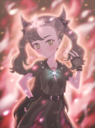 Rule 34 | 1girl, asymmetrical bangs, belt, black belt, black dress, blush, closed mouth, commentary request, creatures (company), dress, eyelashes, fingerless gloves, forest (simise), game freak, gloves, green eyes, hand on own hip, hand up, highres, looking at viewer, marnie (champion) (pokemon), marnie (pokemon), nintendo, official alternate costume, pokemon, pokemon masters ex, short sleeves, solo, tiara, twintails