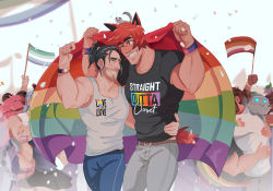 Rule 34 | 2boys, animal ears, bara, belt, biceps, black hair, blush, bracelet, confetti, couple, fang, flag, hand on another&#039;s waist, highres, jewelry, large pectorals, league of legends, leather belt, lgbt pride, looking at another, lou host, multiple boys, muscular, muscular male, one eye closed, pants, pectorals, ponytail, rainbow flag, red hair, sett (league of legends), shirt, size difference, smile, spiked hair, sylas (league of legends), t-shirt, tail, tank top, teeth, thick arms, thick eyebrows, thick thighs, thighs, tight clothes
