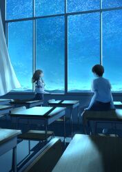 Rule 34 | 1boy, 1girl, anyotete, black hair, blue pants, blue sailor collar, blue skirt, chair, classroom, closed mouth, commentary, commentary request, curtains, desk, english commentary, from behind, from side, highres, indoors, long hair, moonlight, mountainous horizon, night, night sky, official art, original, pants, pleated skirt, profile, sailor collar, school chair, school desk, school uniform, serafuku, shadow, shirt, short sleeves, sitting, sitting on table, skirt, sky, star (sky), starry sky, white shirt, wide shot, window