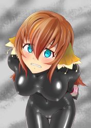 Rule 34 | 1girl, absurdres, aqua eyes, arms behind back, bdsm, blue eyes, blush, bondage, bound, breasts, brown hair, ciel nosurge, clenched teeth, covered erect nipples, cuffs, flower, hair flower, hair ornament, handcuffs, highres, ionasal kkll preciel, latex, latex suit, leaning forward, long hair, looking at viewer, shiny clothes, simple background, skin tight, solo, standing, tears, teeth