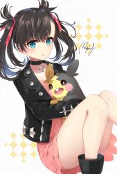 Rule 34 | 1girl, :d, ankle boots, aqua eyes, bad id, bad pixiv id, bare legs, black eyes, black footwear, black hair, black jacket, blush, boots, commentary request, convenient leg, creatures (company), dress, fang, feet out of frame, game freak, gen 8 pokemon, hair ornament, highres, jacket, knees up, long sleeves, looking at viewer, marnie (pokemon), morpeko, morpeko (full), nintendo, open clothes, open jacket, open mouth, parted lips, pink dress, pokemon, pokemon (creature), pokemon swsh, red ribbon, ribbon, rupinesu, short dress, signature, sitting, smile, twintails, v-shaped eyebrows