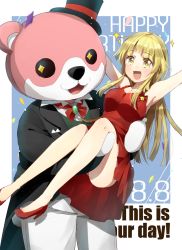 Rule 34 | + +, 2girls, :3, :d, animal costume, arm up, armpits, bang dream!, bear costume, bear tail, black hat, black jacket, blonde hair, bow, bowtie, brooch, carrying, confetti, dated, dress, formal, happy birthday, harusawa, hat, high heels, jacket, jewelry, long hair, looking at viewer, mascot costume, michelle (bang dream!), multiple girls, open mouth, pants, princess carry, red dress, red footwear, red neckwear, sidelocks, smile, sparkle, star (symbol), suit, tail, top hat, tsurumaki kokoro, white pants, yellow eyes
