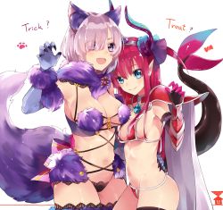 Rule 34 | 2girls, alternate costume, animal ears, armor, armpits, bad id, bad pixiv id, bikini armor, black legwear, black panties, blue eyes, blush, bow, breasts, choker, cleavage, commentary, cowboy shot, dragon tail, elbow gloves, elizabeth bathory (brave) (fate), elizabeth bathory (fate), elizabeth bathory (fate/extra ccc), eyes visible through hair, fate/grand order, fate (series), fur-trimmed gloves, fur trim, gem, gloves, hair over one eye, halloween, halloween costume, highres, horns, ichinosenen, large breasts, long hair, looking at viewer, mash kyrielight, mash kyrielight (dangerous beast), medium breasts, multiple girls, navel, o-ring, official alternate costume, open mouth, panties, parted lips, pauldrons, pink bow, pointy ears, purple eyes, purple hair, purple legwear, red hair, short hair, shoulder armor, sideboob, smile, tail, thighhighs, trick or treat, underwear, wolf ears, wolf tail