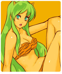 Rule 34 | 1girl, :o, animal print, bad id, bad pixiv id, breasts, cleavage, cone horns, fang, green eyes, green hair, horns, large breasts, long hair, looking at viewer, lum, matching hair/eyes, navel, open mouth, solo, tiger print, urusei yatsura, yellow background, yuuji (and)