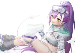 Rule 34 | 1girl, 7 u9a 1, bandaid, bandaid on leg, bandeau, belt, black socks, blush, braid, braided bangs, breasts, buckle, character name, demon tail, demon wings, ear piercing, fang, globes, gloves, goggles, goggles on head, green eyes, grey belt, hair behind ear, high ponytail, highres, hololive, hooded shrug, knee pads, legs, long hair, long sleeves, looking at viewer, loose socks, megaphone, melting tail, midriff, multicolored hair, official alternate costume, piercing, pink hair, ponytail, purple hair, ribbed bandeau, roller skates, see-through, see-through sleeves, short shorts, shorts, shrug (clothing), simple background, sitting, skates, small breasts, smile, snap-fit buckle, socks, solo, stomach, streaked hair, tail, thigh belt, thigh strap, tokoyami towa, tokoyami towa (5th costume), turtleneck, very long hair, virtual youtuber, white background, white bandeau, white belt, white gloves, white shorts, white shrug, white tail, wings