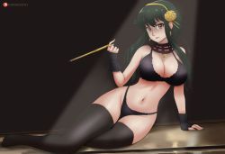 1girl arm_support artist_name bare_shoulders black_bra black_gloves black_hair black_panties black_thighhighs bra breasts brown_eyes cleavage dagger detached_collar earrings fingerless_gloves flower full_body gloves gold_earrings gold_hairband gummslime hair_flower hair_ornament hairband highleg highleg_panties highres holding holding_dagger holding_knife holding_weapon jewelry knife large_breasts legs long_hair looking_at_viewer lying navel no_shoes on_side panties patreon_logo rose sidelocks solo spikes spotlight spy_x_family stomach thighhighs thighs underwear weapon yor_briar