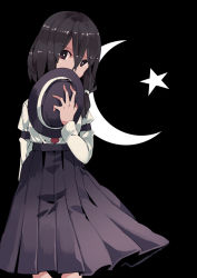 Rule 34 | 1girl, aoi kujira, black eyes, black hair, bright pupils, covered mouth, crescent moon, looking at viewer, moon, necktie, solo, star (symbol), touhou, usami renko, white pupils