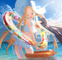 Rule 34 | 1girl, ;d, abigail williams (fate), abigail williams (swimsuit foreigner) (fate), abigail williams (swimsuit foreigner) (third ascension) (fate), absurdres, aqua eyes, bare arms, bare shoulders, bikini, bikini skirt, blonde hair, bloom, blue sky, blush, bonnet, breasts, commentary request, contrapposto, fate/grand order, fate (series), forehead, frills, gluteal fold, hand on headwear, hat, highres, holding, horizon, innertube, long hair, looking at viewer, ocean, one eye closed, open mouth, outdoors, parted bangs, sb lama, sky, sleeveless, small breasts, smile, solo, standing, sunlight, swim ring, swimsuit, very long hair, wading, water, wet, white bikini