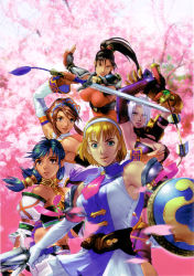 Rule 34 | 5girls, absurdres, arms up, bare shoulders, black hair, blonde hair, breasts, brown hair, cassandra alexandra, chai xianghua, cherry blossoms, collage, dark-skinned female, dark skin, detached sleeves, elbow gloves, gloves, green hair, hairband, headdress, highres, isabella valentine, kawano takuji, large breasts, long hair, medium breasts, midriff, multiple girls, namco, necktie, official art, pantyhose, pink necktie, ponytail, shield, short hair, soul calibur, soulcalibur, soulcalibur ii, sword, sword whip, taki (soulcalibur), talim, twintails, weapon, whip sword, white hair