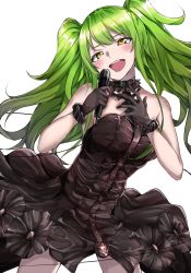 Rule 34 | 1girl, :d, bare shoulders, black choker, black dress, black gloves, blush, breasts, choker, cowboy shot, dress, girls&#039; frontline, gloves, green hair, hair between eyes, hand up, highres, holding, holding microphone, long hair, looking at viewer, m950a (concert diva!) (girls&#039; frontline), m950a (girls&#039; frontline), medium breasts, messy hair, microphone, music, official alternate costume, open mouth, sidelocks, singing, smile, solo, strapless, strapless dress, tete3873, twintails, two side up, yellow eyes