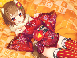 Rule 34 | 1girl, animal ears, brown hair, chinese zodiac, commentary request, dog ears, dog girl, dog tail, floral print, fur collar, japanese clothes, kimono, long sleeves, looking at viewer, nengajou, new year, obi, open mouth, original, pinching sleeves, print kimono, red eyes, red kimono, red thighhighs, sash, short hair, short kimono, solo, striped clothes, striped thighhighs, tail, tam-u, teeth, thick eyebrows, thighhighs, upper teeth only, vertical-striped clothes, vertical-striped thighhighs, wide sleeves, year of the dog