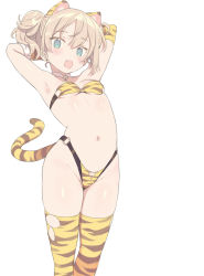 Rule 34 | 1girl, animal ear fluff, animal ears, animal print, armpits, arms behind head, arms up, bare shoulders, bell, bikini, blade (galaxist), blue eyes, blush, breasts, brown hair, chinese zodiac, commentary, fang, hair between eyes, jingle bell, looking at viewer, neck bell, open mouth, original, print bikini, print thighhighs, simple background, small breasts, solo, swimsuit, symbol-only commentary, tail, thighhighs, tiger ears, tiger girl, tiger print, tiger tail, twintails, white background, year of the tiger, yellow bikini