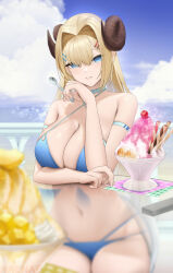 Rule 34 | 1girl, ash arms, bikini, blonde hair, blue bikini, blue eyes, breasts, character request, cleavage, curled horns, day, fouriasensei, glass table, hair intakes, hair ornament, hairclip, highres, holding, holding spoon, horns, large breasts, long hair, looking at viewer, mole, mole under eye, navel, outdoors, sideboob, smile, solo, spoon, swimsuit, table