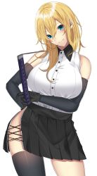 Rule 34 | 1girl, bare shoulders, black gloves, black skirt, black thighhighs, blonde hair, blue eyes, breasts, buttons, closed mouth, collared shirt, commentary request, contrapposto, cowboy shot, cross-laced clothes, elbow gloves, gloves, hair between eyes, hand on own hip, head tilt, highres, holding, holding sword, holding weapon, katana, large breasts, legs apart, long hair, looking at viewer, miniskirt, onineko-chan, original, shirt, side slit, simple background, single thighhigh, skirt, sleeveless, sleeveless shirt, smile, solo, standing, sword, thighhighs, weapon, white background, white shirt, wing collar
