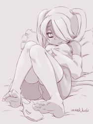 Rule 34 | 1girl, bare shoulders, detached collar, detached sleeves, feet, hair over one eye, mtk hoshi, skullgirls, soles, solo, squigly (skullgirls), stitched mouth, stitches, thighhighs, toes, zombie