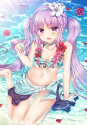 Rule 34 | 1girl, aqua bikini, bikini, blush, breasts, euryale (fate), euryale (formal dress) (fate), fate/hollow ataraxia, fate (series), flower, flower necklace, from above, front-tie bikini top, front-tie top, hair flower, hair ornament, jewelry, lei, lily (flower), long hair, looking at viewer, medium breasts, navel, necklace, open mouth, petals, purple eyes, purple hair, sarong, sidelocks, sitting, smile, solo, suzunone rena, swimsuit, thighs, twintails, wariza, white flower