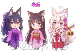 Rule 34 | 3girls, :3, :d, animal ear fluff, animal ears, arrow (projectile), black footwear, black hair, blue eyes, blush, brown eyes, brown footwear, brown hair, cat ears, chibi, closed mouth, commentary request, ema, fang, floral print, flower, folded ponytail, fox ears, fox girl, fox tail, hair flower, hair ornament, hairclip, hakama, hakama skirt, hamaya, holding, holding arrow, iroha (iroha matsurika), japanese clothes, kimono, long hair, long sleeves, looking at viewer, miko, multiple girls, obi, open mouth, original, pinching sleeves, pink flower, pink kimono, print kimono, purple eyes, purple flower, purple hakama, purple kimono, red hakama, sample watermark, sandals, sash, simple background, skirt, sleeves past wrists, smile, socks, standing, standing on one leg, tabi, tail, translation request, very long hair, watermark, white background, white flower, white hair, white kimono, white legwear, wide sleeves, x hair ornament, zouri