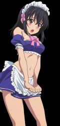Rule 34 | 10s, 1girl, black hair, blush, bow, bowtie, breasts, brown eyes, choker, cleavage, collarbone, crop top, detached sleeves, embarrassed, groin, hair bow, himeragi yukina, long hair, maid headdress, medium breasts, midriff, miniskirt, navel, open mouth, pink bow, purple skirt, skirt, solo, standing, stomach, strike the blood, transparent background, white apron