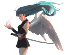 Rule 34 | 1girl, ahoge, angel wings, aqua hair, blue eyes, breasts, commentary, cowboy shot, detached sleeves, dress, english commentary, from side, frown, highres, holding, holding sword, holding weapon, katana, lips, long hair, medium breasts, original, red fire, shin (shincrz), short dress, solo, sword, weapon, wings