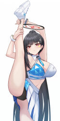Rule 34 | 1girl, arms up, black hair, black panties, blue archive, blush, breasts, cheerleader, cleavage, detached collar, facial mark, halo, halterneck, highres, kneepits, large breasts, long hair, looking at viewer, mijikayo (user eyyx8247), millennium cheerleader outfit (blue archive), navel, panties, parted lips, pleated skirt, red eyes, rio (blue archive), simple background, skirt, solo, split, standing, standing on one leg, standing split, star (symbol), underwear, very long hair, white background, white skirt