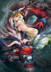 Rule 34 | 1girl, back, backless outfit, bare shoulders, bracelet, breasts, detached sleeves, dragon, dress, flower, gag, horns, jewelry, lips, long hair, looking at viewer, mask, original, patipat asavasena, red eyes, sideboob, white hair