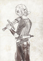 Rule 34 | 1boy, alternate costume, ass, closed mouth, eyebrows, eyebrows hidden by hair, from behind, highres, hisayoshi, holding, holding sword, holding weapon, looking at object, male focus, monochrome, signature, solo, standing, sword, thorfinn, vinland saga, weapon