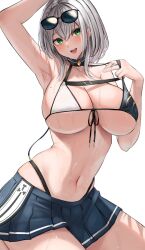 1girl absurdres arm_up armpits bikini blush braid breasts cleavage collar collarbone eyewear_on_head front-tie_bikini_top front-tie_top green_eyes grey_hair hair_between_eyes hana_hebi highleg highleg_bikini highres hololive large_breasts mole mole_on_breast navel open_mouth pleated_skirt shirogane_noel shirogane_noel_(summer_2020) short_hair skirt solo sunglasses swimsuit virtual_youtuber wet