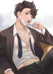 Rule 34 | 1boy, antweiyi, artist name, black jacket, black pants, blue eyes, brown hair, haikyuu!!, jacket, looking at viewer, male focus, male underwear, mask, mask pull, mouth mask, necktie, open clothes, open jacket, open mouth, open pants, pants, sakusa kiyoomi, shirt, short hair, sitting, solo, teeth, toned, toned male, underwear, undone necktie, upper teeth only, white shirt