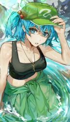Rule 34 | absurdres, amel 303, bare shoulders, black tank top, blue eyes, blue hair, breasts, cleavage, clothes around waist, flat cap, green hat, green jacket, hair bobbles, hair ornament, hand on headwear, hat, highres, jacket, jacket around waist, kawashiro nitori, medium breasts, midriff, navel, parted lips, partially submerged, tank top, touhou, water, wet
